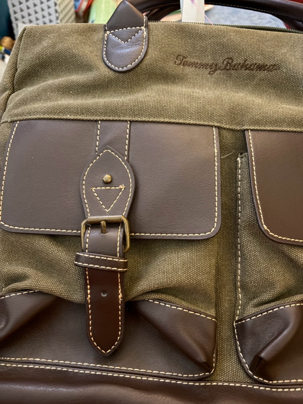 Tommy Bahama Olive and Brown Canvas/Leather Messenger Bag removable strap